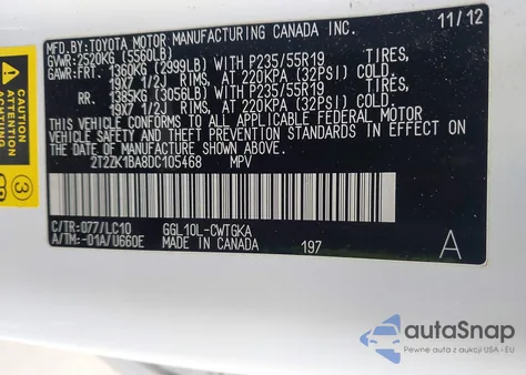 2013 Lexus Rx 350 z USA, uszkodzony, nr VIN 2T2ZK1BA8DC105468